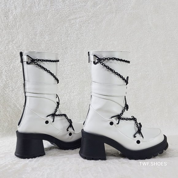 Bratty White Vegan Leather Block Heel Biker Style Goth  Punk Boots - Picture 2 of 10